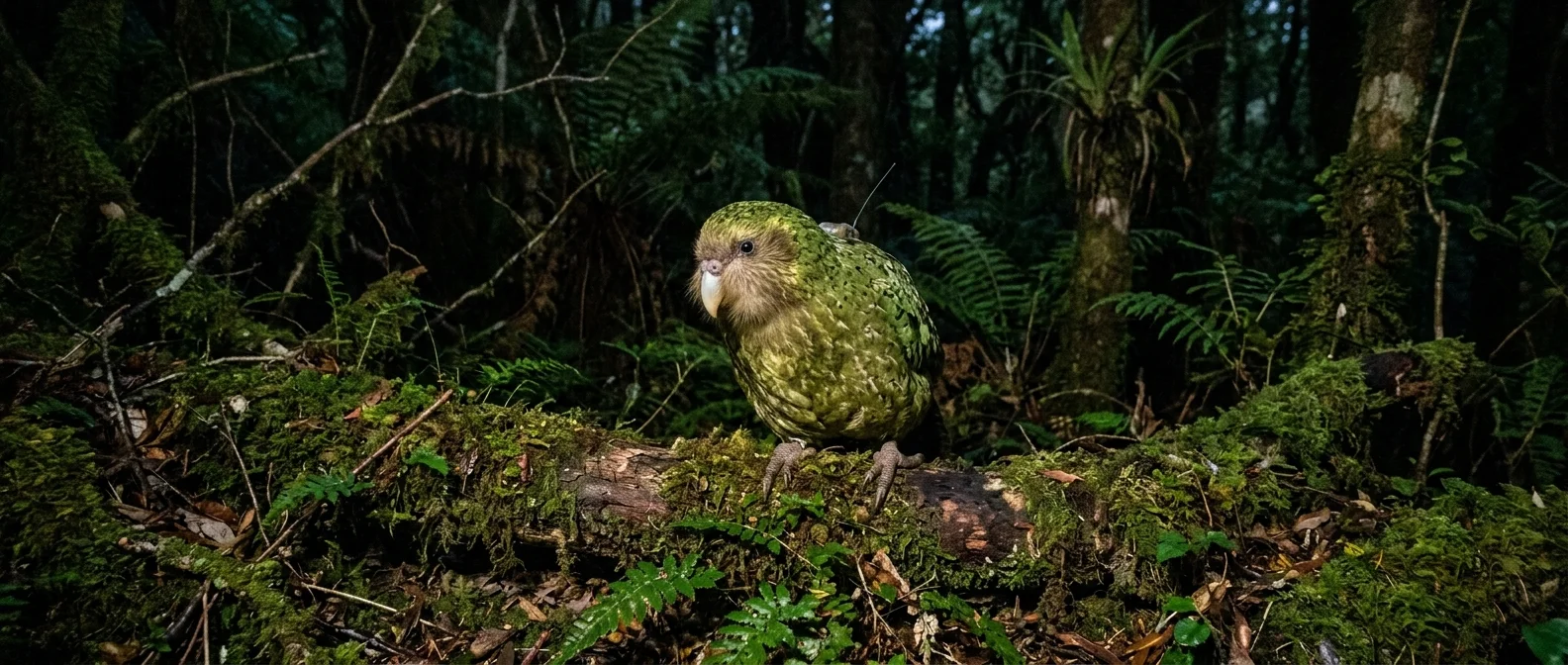 Kakapo: World's rarest nocturnal parrot with distinctive owl-like face in New Zealand forest