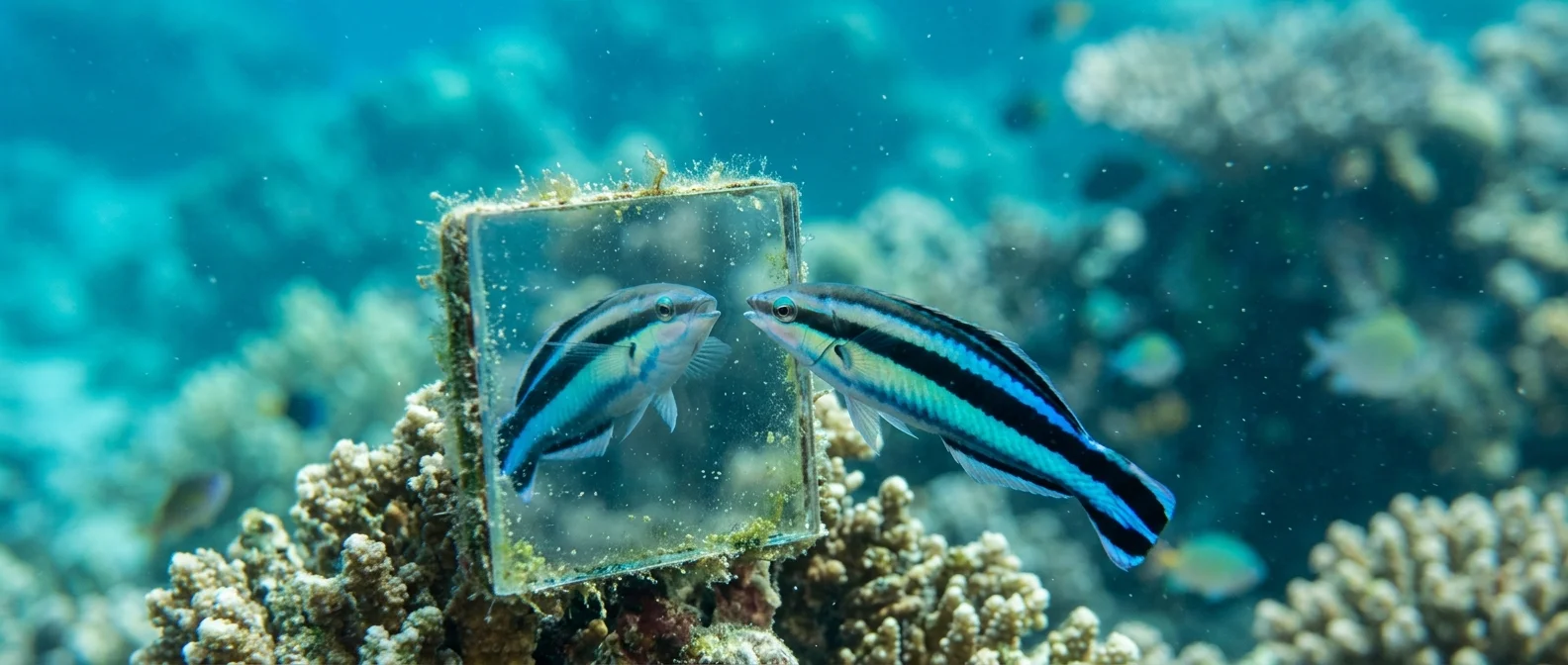 Cleaner wrasse fish examining its reflection in underwater mirror during self-recognition experiment