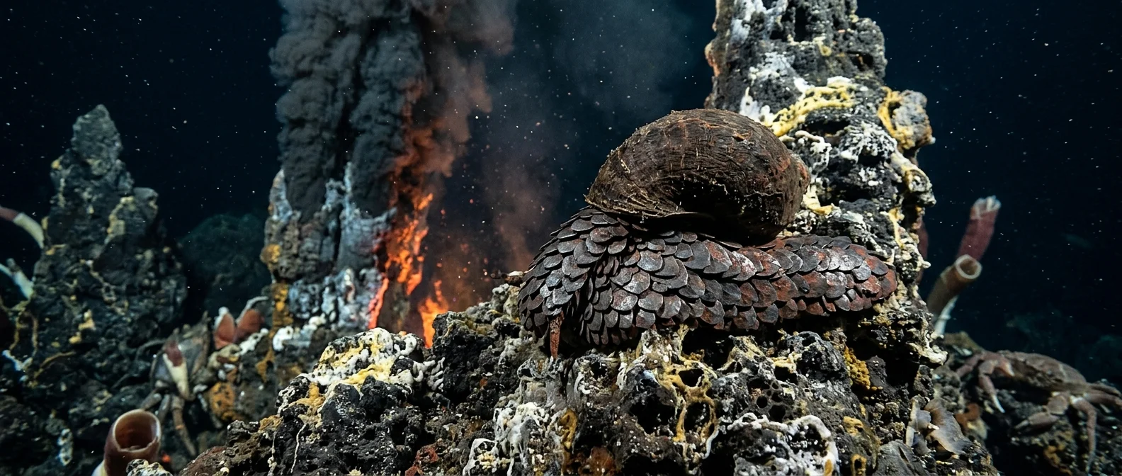 Iron-armored scaly-foot gastropod with metallic shell living near hydrothermal vents