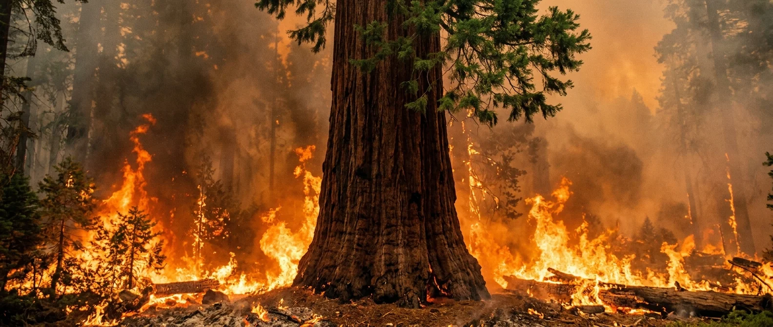 Giant sequoia with thick fire-resistant bark surviving wildfire in Sierra Nevada forest