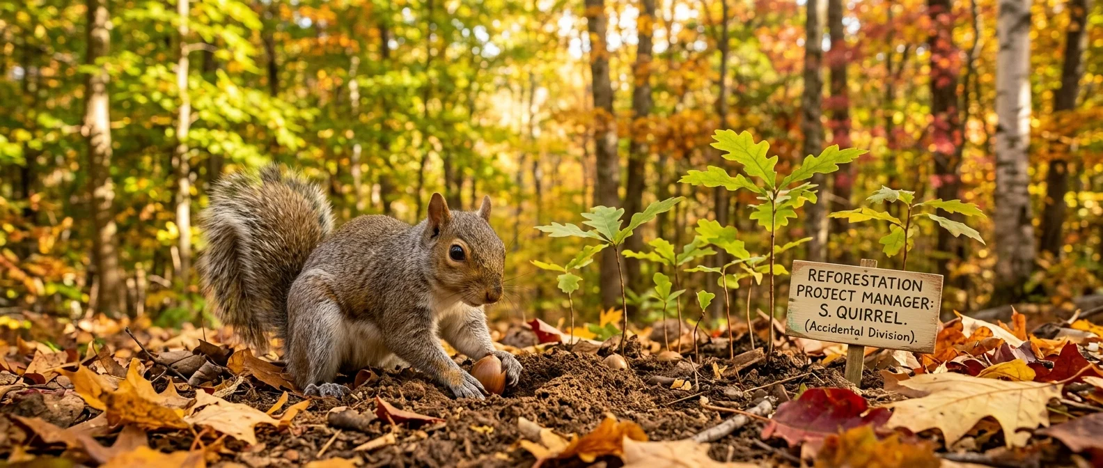 Gray squirrel burying acorn in forest soil, accidentally planting future oak trees