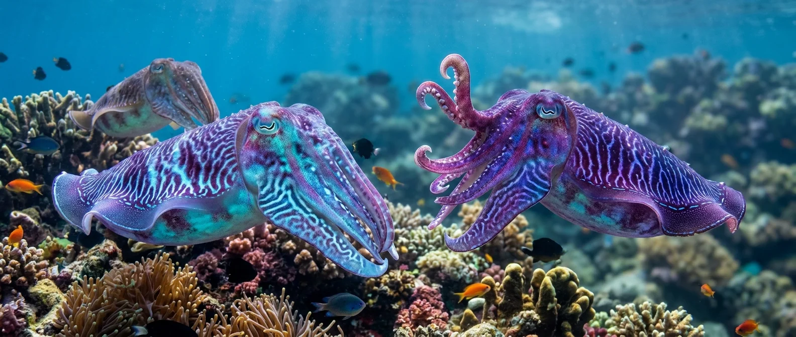European common cuttlefish displaying complex color-changing communication patterns underwater