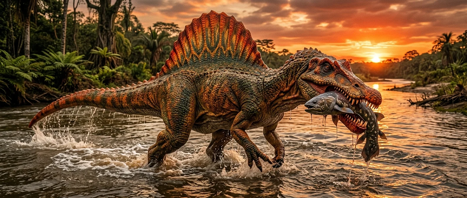 Spinosaurus aegyptiacus swimming in ancient North African river with distinctive sail fin and crocodile-like snout