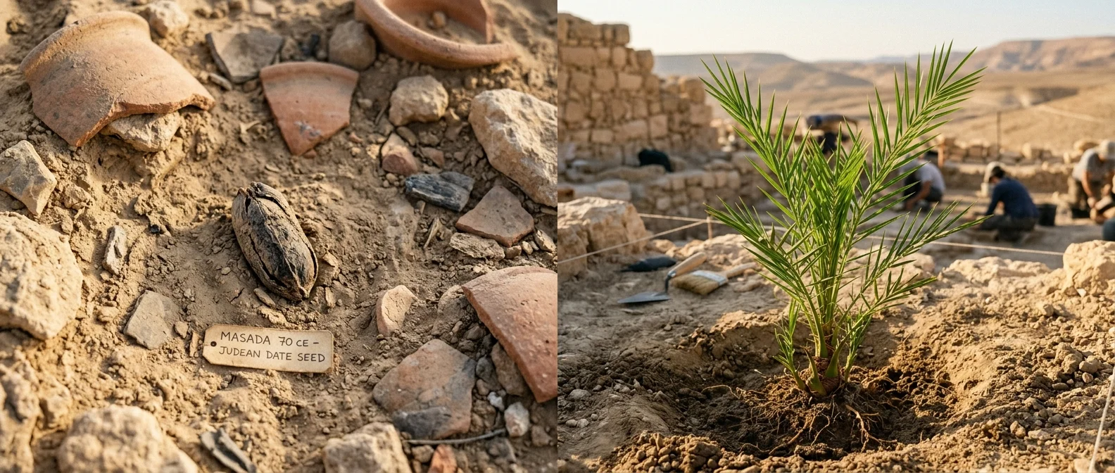 Ancient 2,000-year-old date palm seed sprouting in laboratory setting with green shoots emerging