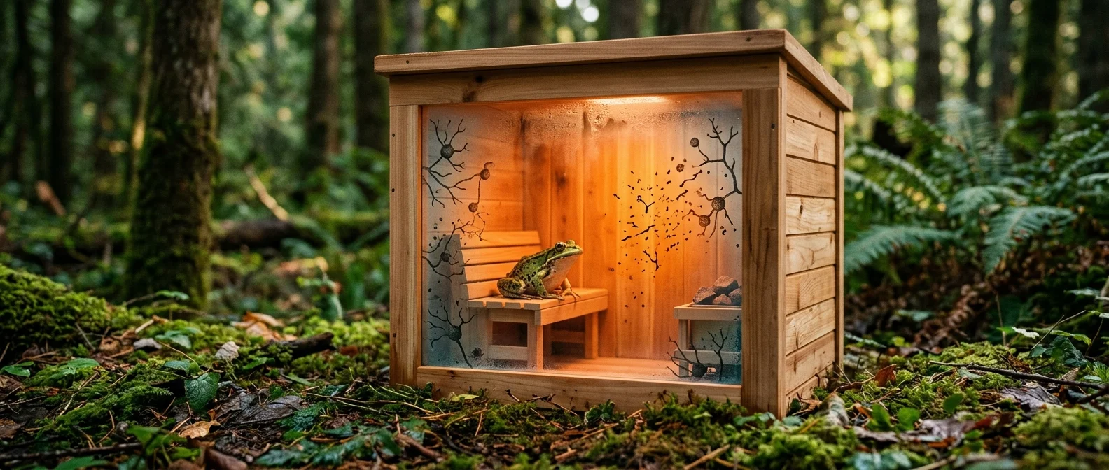 Frog using thermal refugia behavior on sun-baked rock to fight chytrid fungus infection