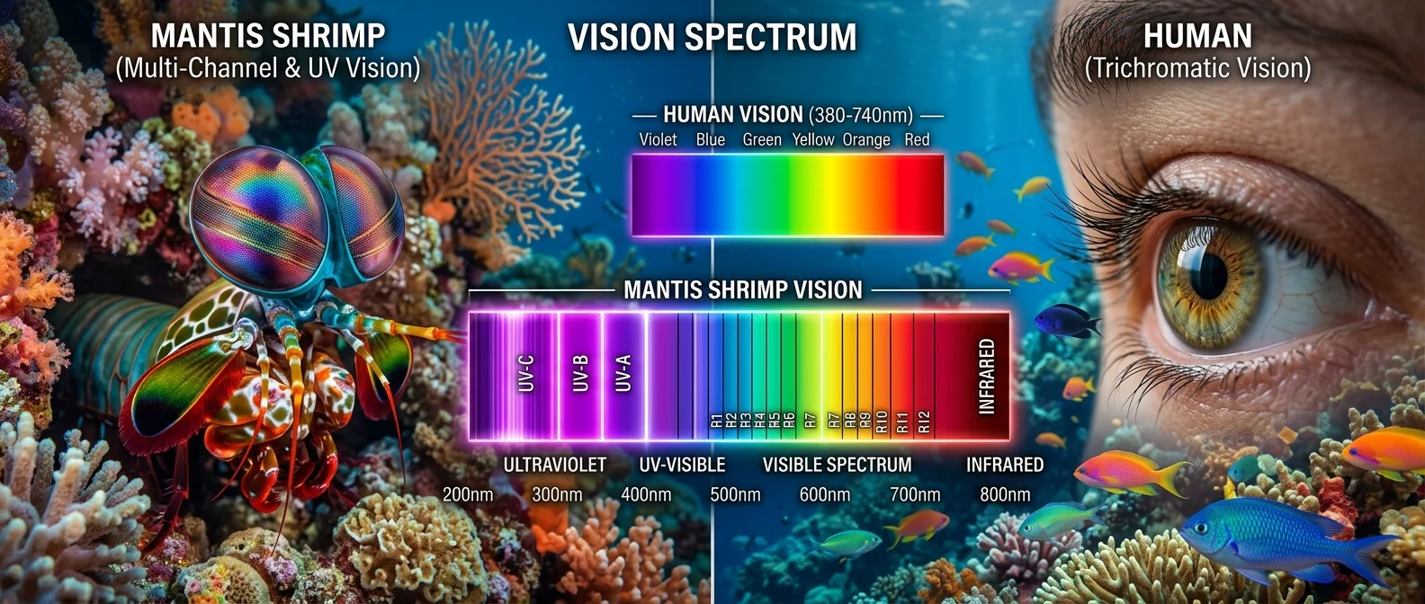 Colorful comparison showing how animals perceive colors beyond human vision spectrum